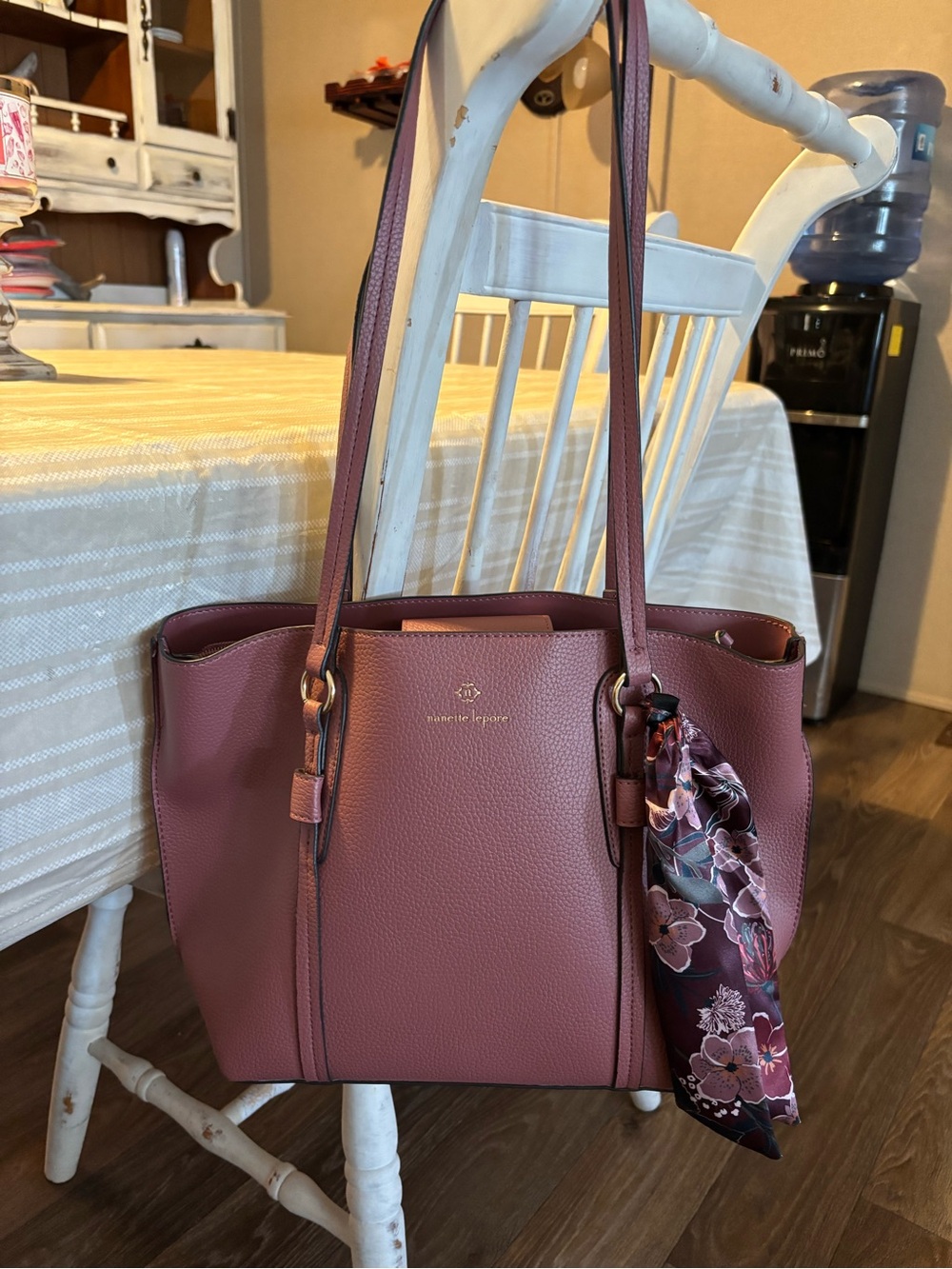 Nanette Lepore Mauve Pebbled Leather Tote with Scarf Accent and wallet